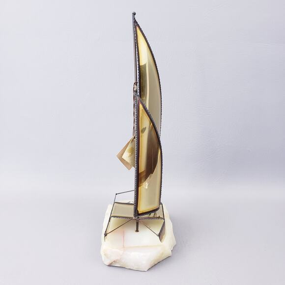 Vintage 70s DeMott Brass Sailboat Sculpture Signed Brass Sail Boat/Gem Rock Base - Picture 3 of 10
